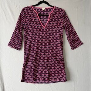 J Crew Womens Geometric Tunic Dress Size XS Pink Navy Coverup Cotton V-Neck Top